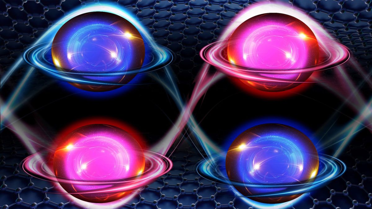 When stacked in five layers in a rhombohedral pattern, graphene takes on a rare “multiferroic” state, in which the material’s electrons (illustrated here as spheres) exhibit two preferred electronic states: an unconventional magnetism (represented as orbits around each electron), and “valley,” or a preference for one of two energy states (depicted in red versus blue). The results could help advance more powerful magnetic memory devices. Credits: Image: Sampson Wilcox, RLE