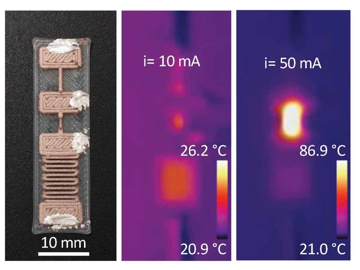 The devices are made from thin, 3D-printed traces of the copper-doped polymer. They contain intersecting conductive regions that enable the researchers to regulate the resistance by controlling the voltage fed into the switch. Credits: Image: Courtesy of the researchers