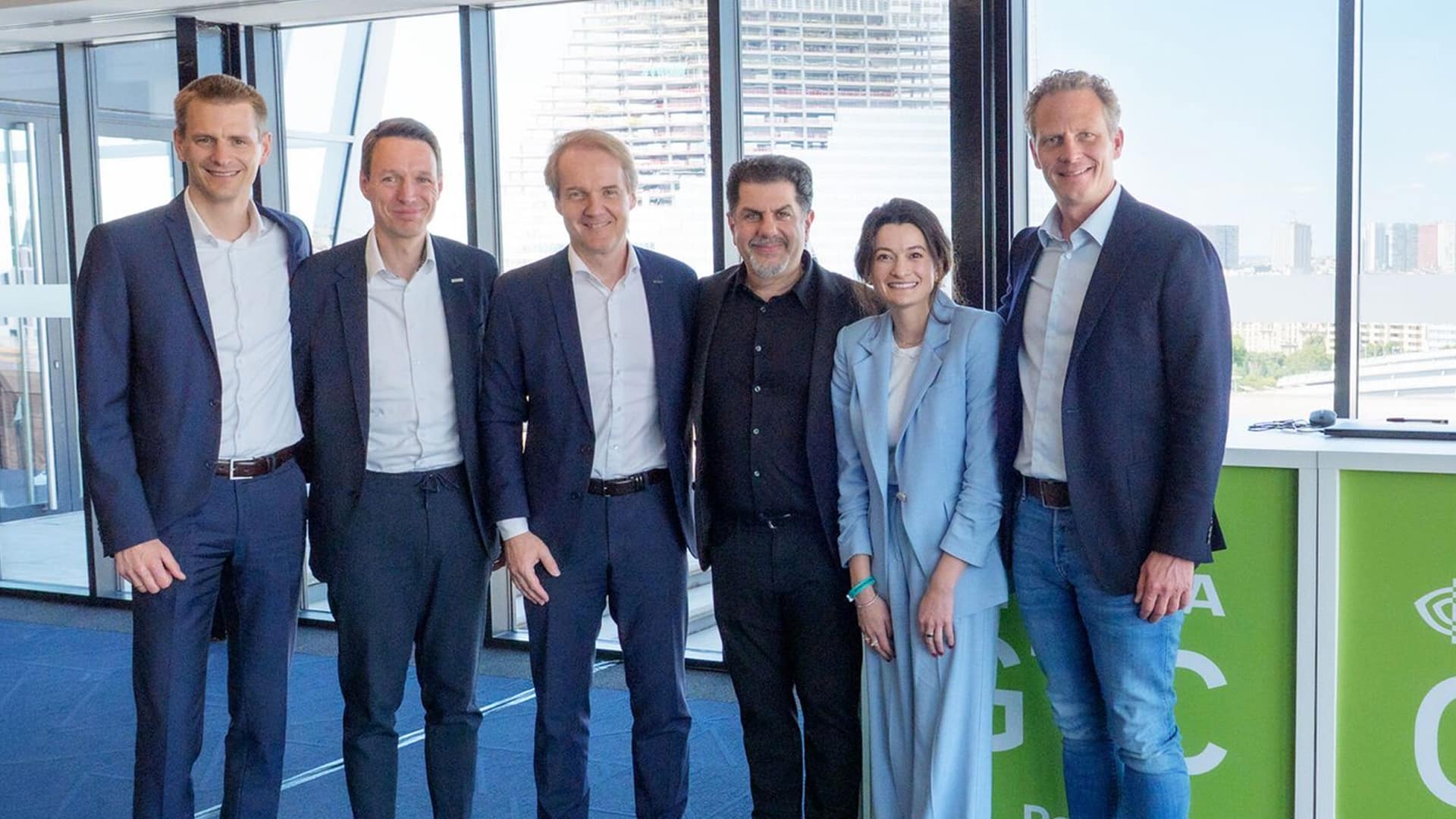 (From left to right) Sebastian Jonas (Senior Vice President Advanced Production Technology), Roberto Henkel (Senior Vice President Operations Digitalization & IT), Andreas Schick (Chief Operating Officer) from Schaeffler, and Rev Lebaredian (Vice President of Omniverse and Simulation Technology), Madison Huang (Senior Director of Product Marketing), and Philippe van den Berge (Vice President Automotive EMEA) from NVIDIA, entered into the technology collaboration at GTC Europe in Paris, France. Photo: Schaeffler