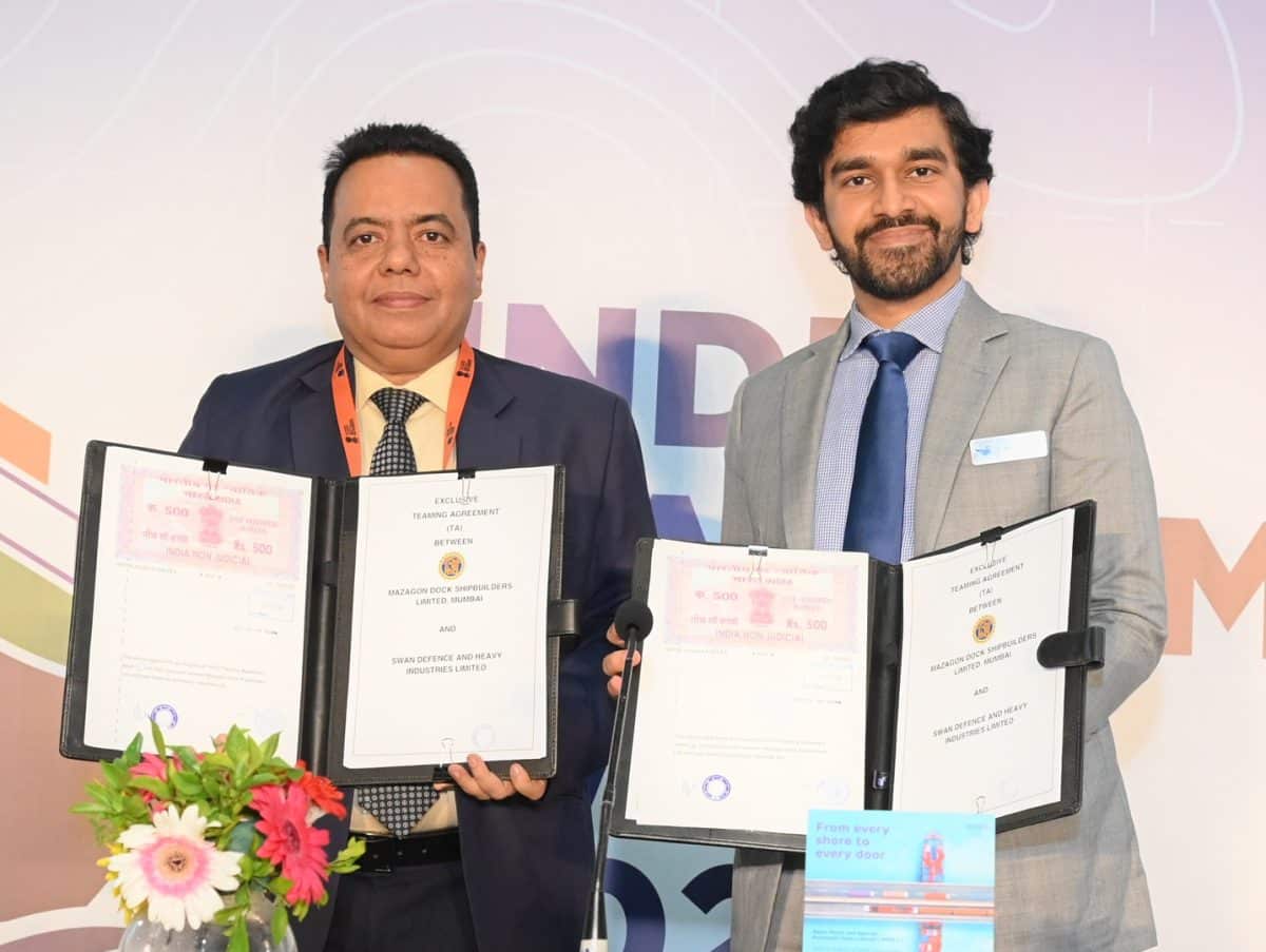 L to R - Biju George, Director, Shipbuilding, MDL and. Vivek Merchant, SDHI at the Teaming Agreement ceremony at India Maritime Week.
